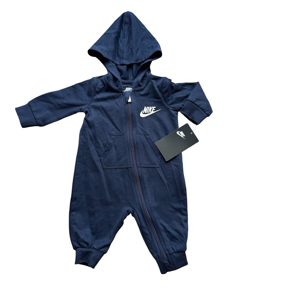NWT Nike Futura Coverall Romper Size 3M Blue Long Sleeve Fornt Zip Hoodie